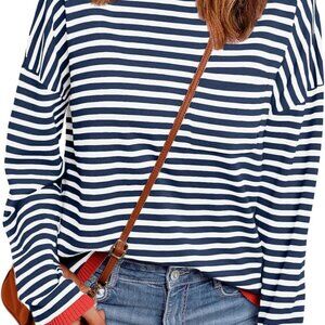 Trendy Striped Blue Knit Pullover Sweater for Women - Elegant Fall Fashion 2025